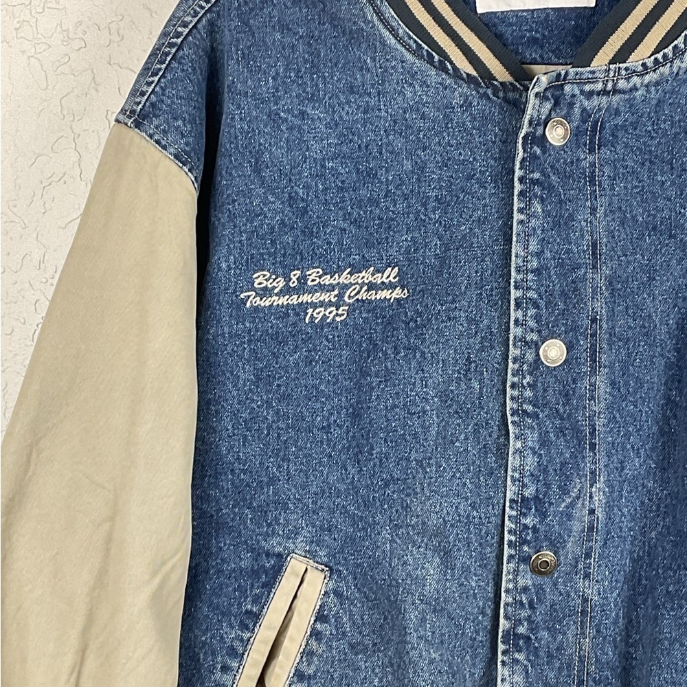Men’s Vintage 90s Denim Canvas Bomber Style Basketball College Snap Up Coat - Picture 3 of 9